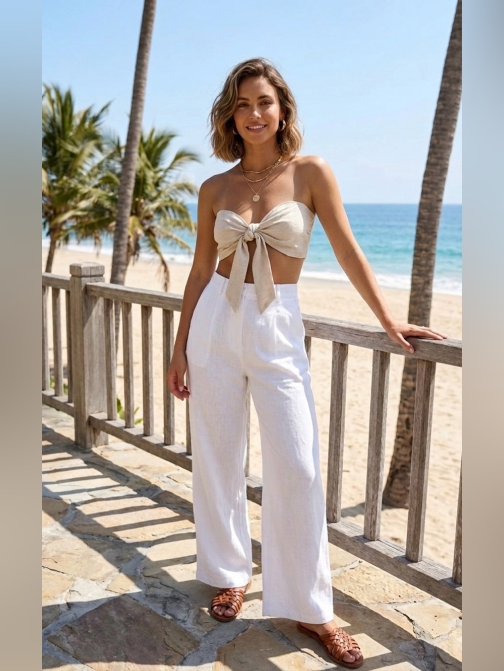 NWT• JLUXLABEL Beige Linen Strapless Tie Front Crop Top Small Boho